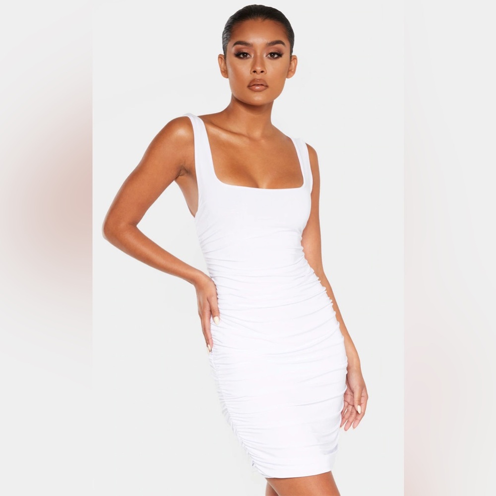 White Slinky Ruched Sleeveless Bodycon Dress